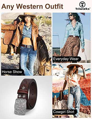 Triworks Western Belts For Women Men Cowgirl Cowboy Embossed Engraved Tooled Leather Belt With Buckle For Jeans Pants Rodeo,B-Coffee,Fit Waist Size 32"-36" #TOP7