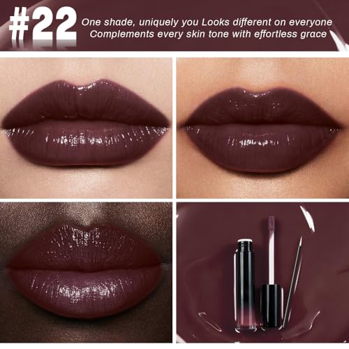 Image of evpct Chocolate Brown Shiny Longwear No-Budge Liquid Lip Color Lipstick Makeup, Highly Pigmented Color Instant Shine, Waterproof Long Lasting Lipstick Women Lip Stain Gloss with Lip Liner Brush, 22#