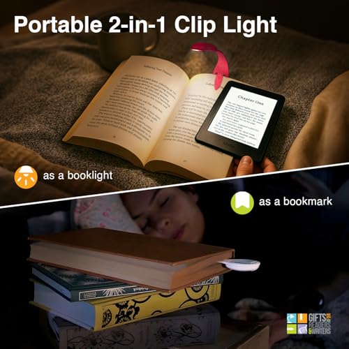 Image of Gifts for Readers & Writers Book Light, Clip On Reading Light for Bed, 2in1 Flexilight & Bookmark, Small & Lightweight with a Soft Glow, 2 Batteries Included, Blue