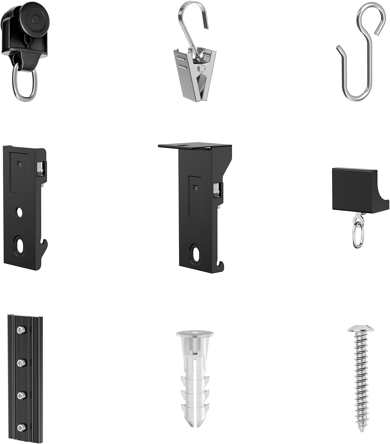 Black 1 Pack Curtain Track Accessory Kit, 20 Rollers, 20 Clips, 20 Hooks, 4 Ceiling Brackets, 4 Wall Brackets, 2 End Caps, 1 Connector, 5 Screws (only for Hei! dear curtain tracks)