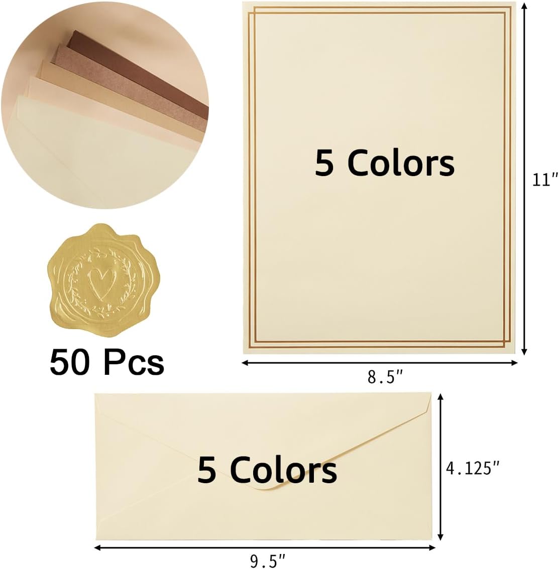 Toperd 50 Pack Stationery Set, 5 Colors #10 Business Envelopes, Brown image 2