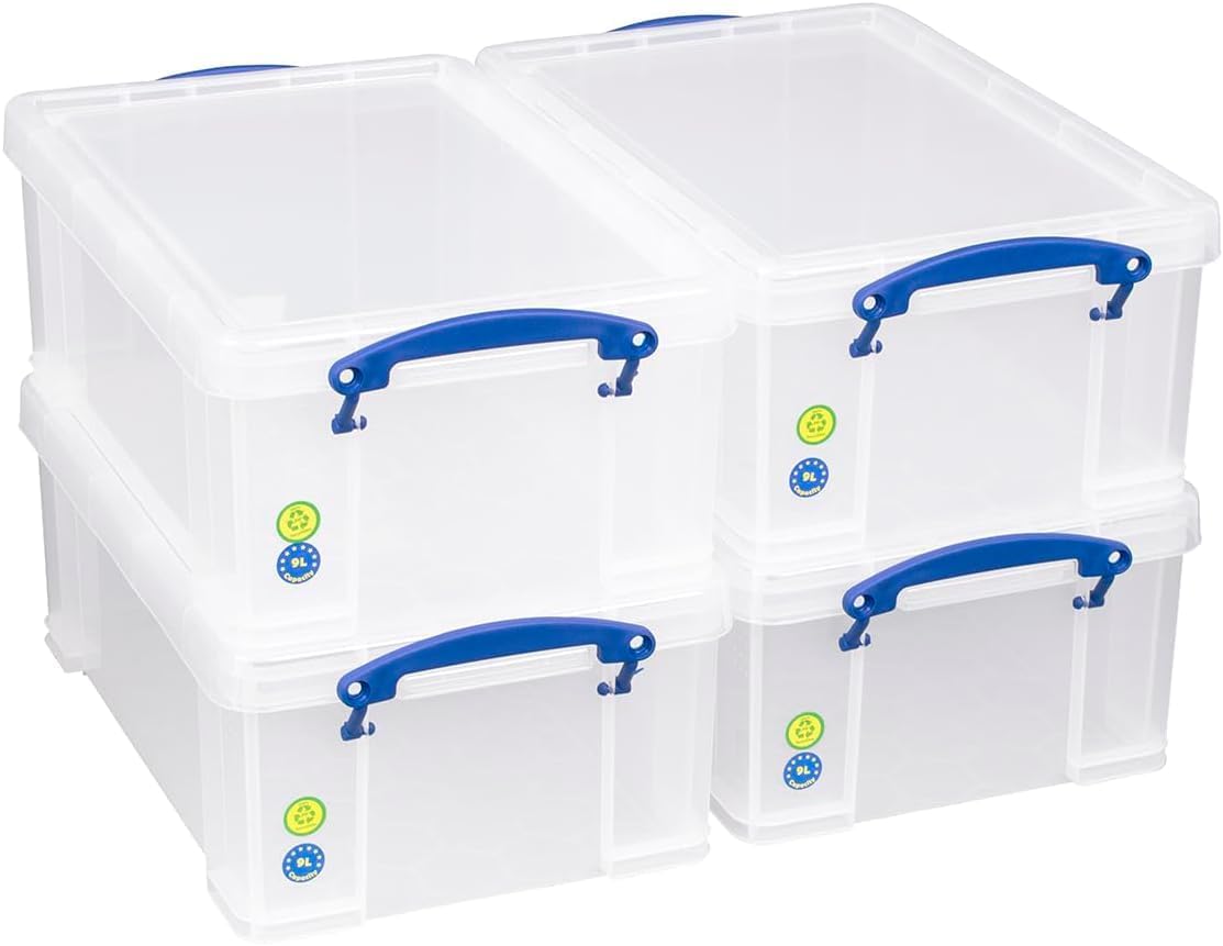 Lot de 4 boîtes très utiles, 9 l, 395 x 255 x 155 mm, pour 24 DVDs/papier A4, transparentes