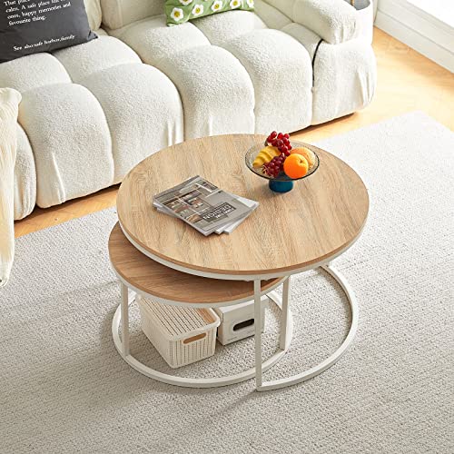 buybyroom Round Coffee Table for Living Room, Nest of Tables, Light Oak Coffee Table Set of 2, Ideal for Living Room, Bedroom and Balcony, White Frosted Iron Frame, Oak - Image 5