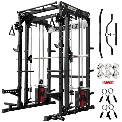 RitFit M2 Smith Machine with Cable Crossover System 3D Functional Trainer & Power Cage 16 Adjustment Holes 6 Storage Pegs for Full-Body Home Gym(M2 PRO-3D Black)
