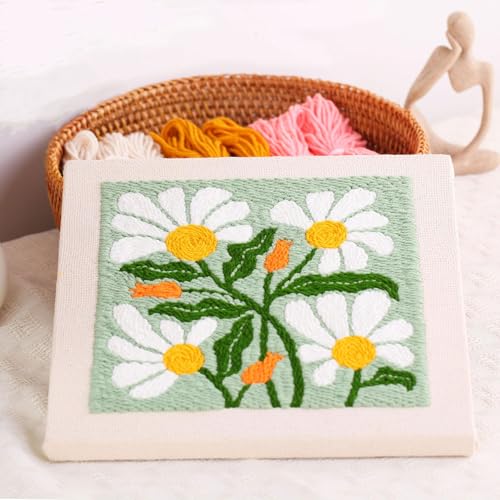 Image of DCCQ Punch Needle Kits for Beginners,Sunny Lovely White Flowers and Green Background,with Hoop Embroidery Punch Needle Starter Craft Set for Suitable as a Holiday Gift for Adults or Children