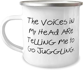 Inspire Juggling Gifts, The Voices in My Head are Telling Me to Go Juggling, Special 12oz Camper Mug For Friends, From Friends, Juggling balls, Juggling clubs, Juggling rings, Juggling scarves,