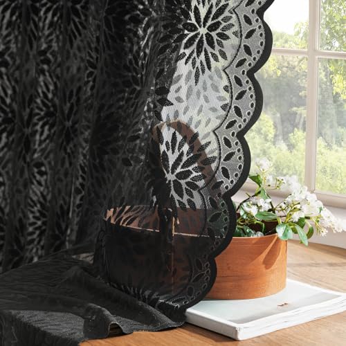 Image of MIULEE Black Floral Lace Curtains 2 Panels, Black 52 inch W x 72 inch L