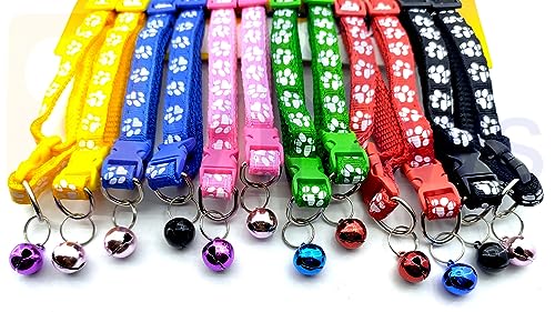 Image of Woofy Polyester Cat Collars - Paw Print Design, with Bell, Adjustable Strap and Safety Release Buckle, Modern Paw Print Design for Your Cute Cats (Pack of 2 Pcs) Random Color, 30 x 1 cm, multicolor