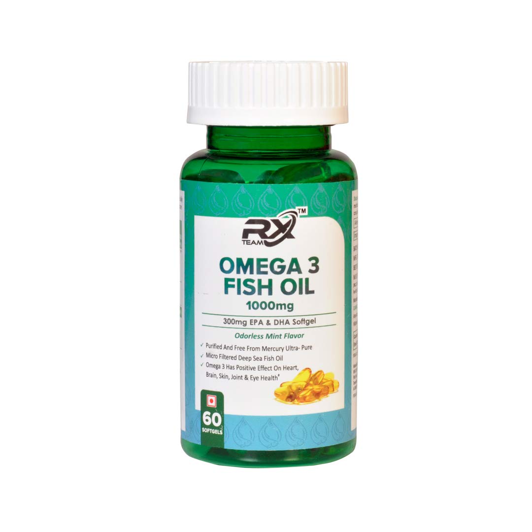 Team RX Omega-3 Fish Oil Capsules With Multivitamins for men and women Triple Strength 1000mg (180mg EPA; 120mg DHA) for Immunity Heart Brain Bone Joints and Eyes 60 soft gels (Mint Flavor)