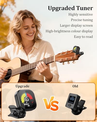 Image of New Bee Guitar Tuner Clip-On Rechargeable with Color Screen 360 Rotatable Acoustic Chromatic Open Tuning for Guitar, Bass, Ukulele, Violin (Black, 2 Pack)