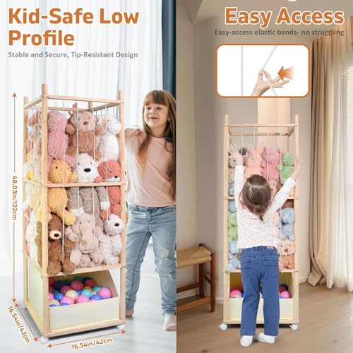 Image of Stuffed Animal Storage with Tiny Toys Tray, Wood Stuffed Animal Zoo Storage with Brake Wheels, Space-Saving Plushie Playhouse for Nursery, Playroom, Kids Bedroom- Easy Assembly