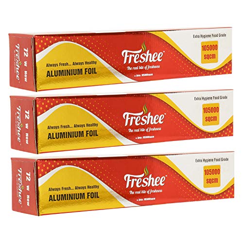 Image of Freshee 105000sqcm Disposable Foil Roll for Baking Pack of 3 Thick Silver Foil for Food Wrapping Reheating Roasting Freezing Food Parcel and Delivery