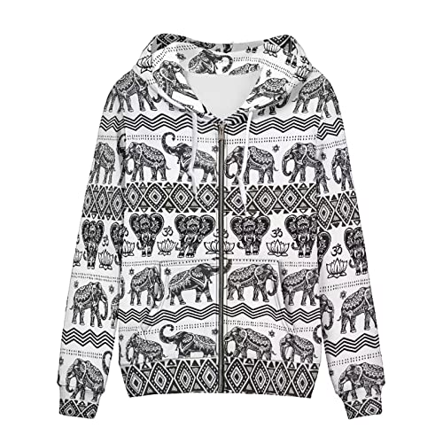 Image of WELLFLYHOM Women Y2K Hoodie Zip Up Sweatshirt Vintage Jackets Hooded Cardigan, 0 Boho Elephant, XL