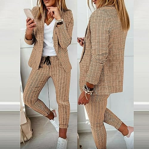 Women Blazer Set 2 Piece Outfits,Plaid Print Long Sleeve Blazer with Drawstring Pants Solid Business Casual Suit Set2