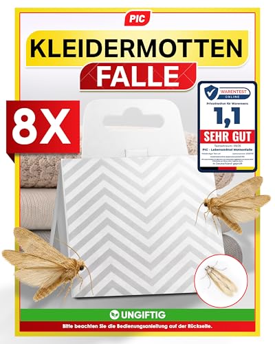PIC Mottenfalle Kleidermotten - 8X Kleider Mottenfalle, Kleidermotten bekämpfen, Mottenschutz für kleiderschrank, Kleidermottenfalle mittel gegen motten in der Wohnung - Alternative zu Mottenpapier