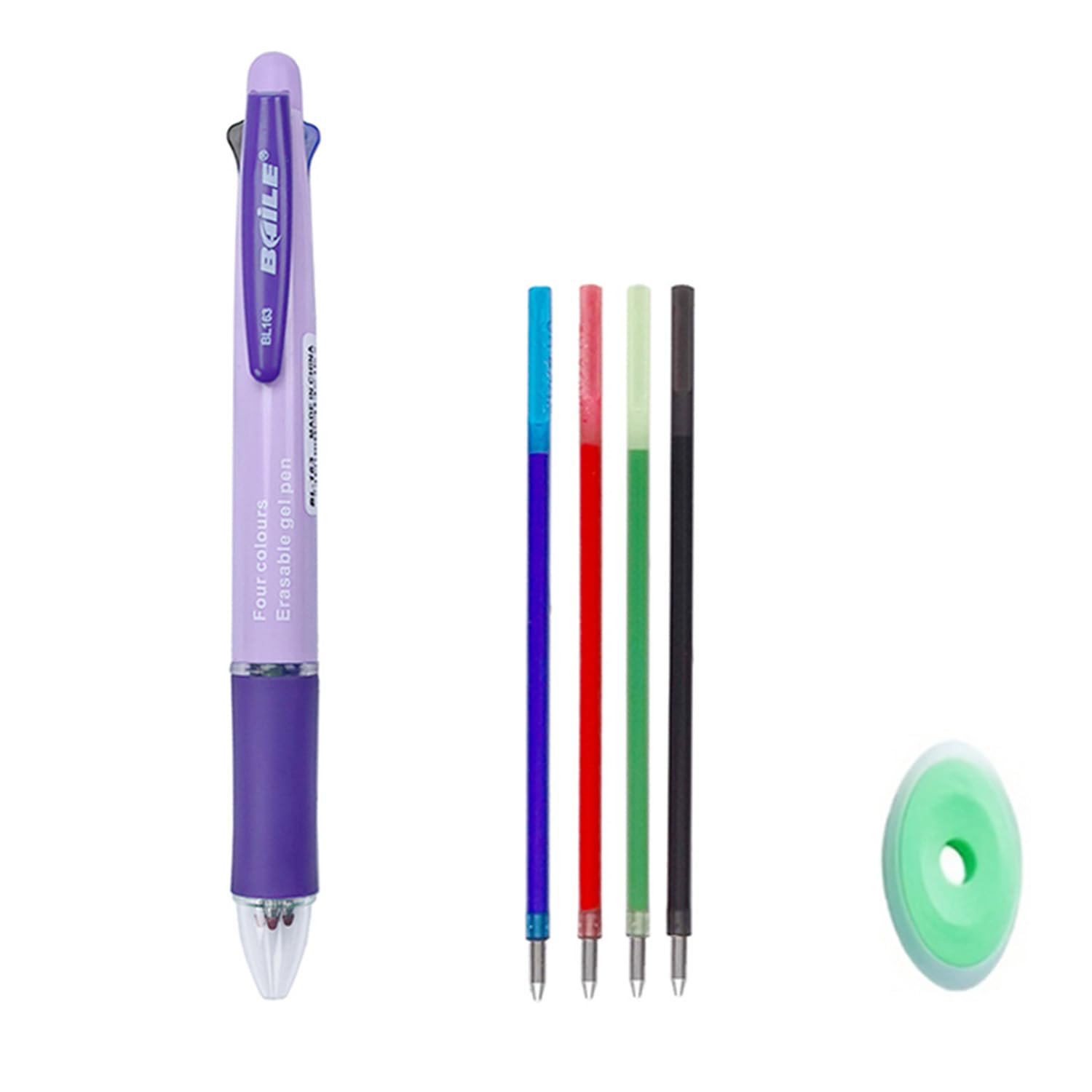 Bolígrafos borrables 4 en 1 multicolores - 4 colores - Bolígrafo retráctil de 0,5 mm - Bolígrafos de tinta multicolor para oficina, escuela, estudiantes, niños, regalo (violeta macarrón)