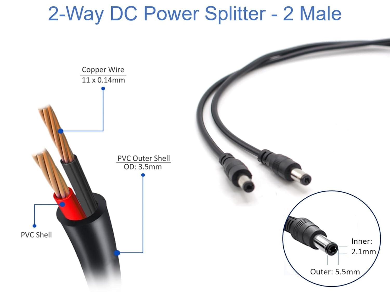 DC Y Splitter Cable 1 Female to 2 Male,5.5mm x 2.1mm DC Power Extension Adapter Cable,for CCTV Surveillance Cameras,Surveillance Routers,DVR,and More — Amazon image 3