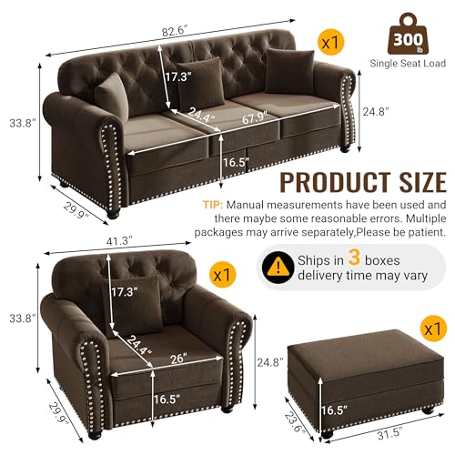 Image of KEIKI 2-Piece Chesterfield Sofa Set with 1 Velvet 3-Seater Sofa & 1 Single Sofa, Upholstered 4-Seater Couch Set with Nailhead Trim & Rolled Arms & 1 Ottoman & 4 Pillow, for Living Room, Brown