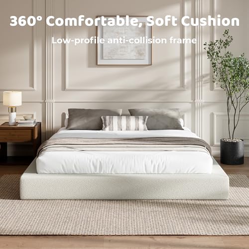 Image of RECCI AirFrame Bed Frame, Cloud Upholstered Platform Bed Frame, 5 Inch Fully Boxy Foam Cushioned, Square Shape Base, No Box Spring Needed, Easy Assembly, Soft Low-Profile (Cream Boucle, King)