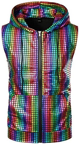 ZEROYAA Mens 70s Metallic Sleeveless Hooded Vest T Shirt
