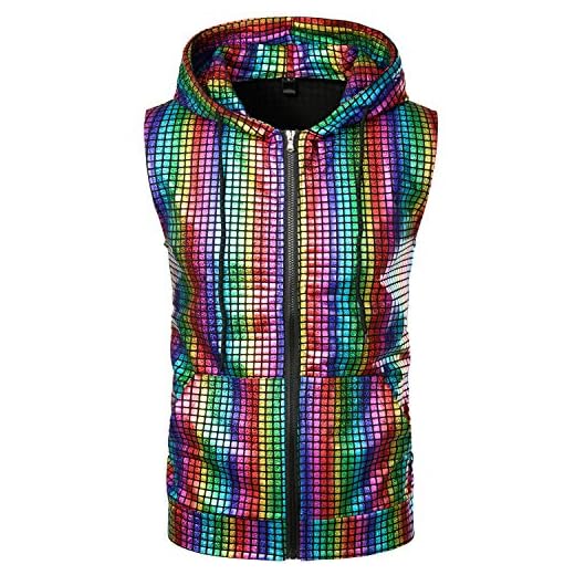 ZEROYAA Mens Hipster Metallic Sequins Zip Up Sleeveless Hooded Vest T Shirt with Kangaroo Pocket ZLSV17 Multicolour Medium