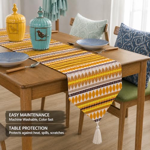 Image of STITCHNEST Woven Table Runner 13x60 Inches | Mustard Yellow Geometric Design | Tassel Finish | Modern Dining Table Decor