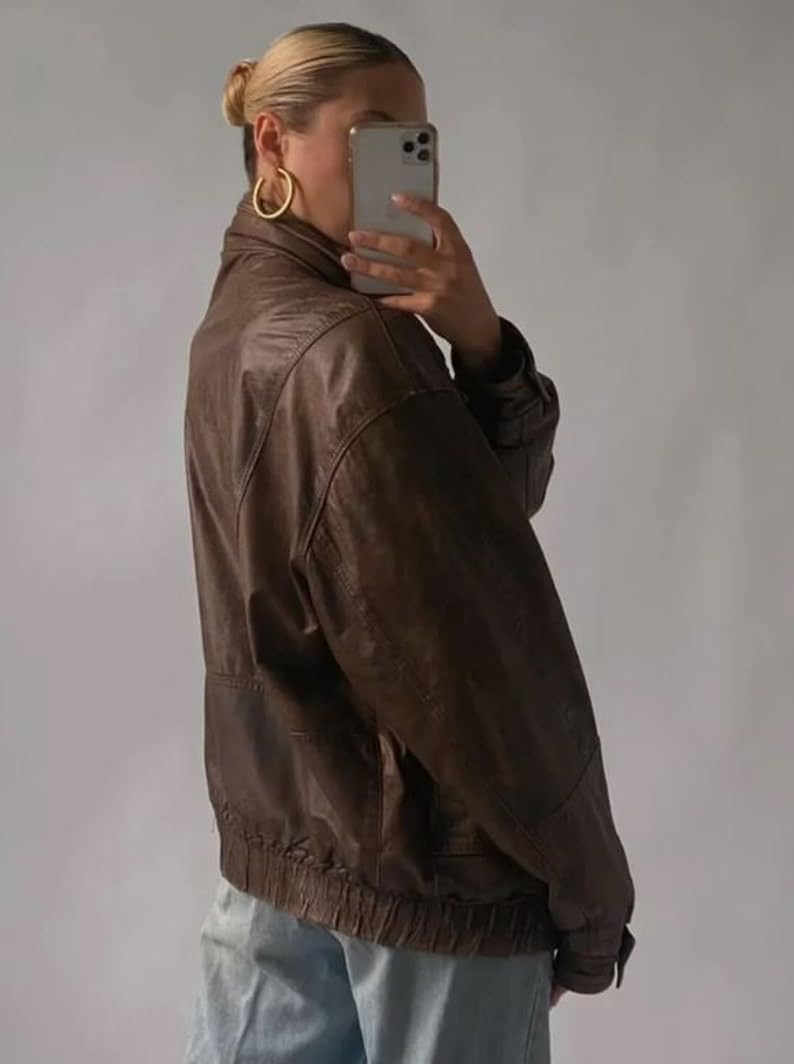 90s Women Vintage Rich Brown Ladies Oversized Bomber Straight Biker Leather Jacket