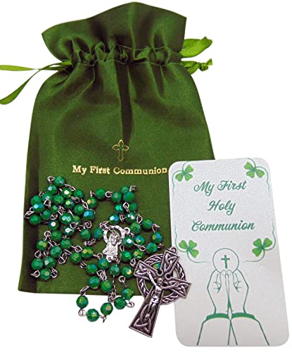 Westmon Works First Communion Rosary Irish Edition Set with Green Ireland Beads Metal Celtic Crucifix Holy Card and Carry Bag - Image 4