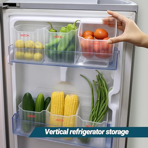 Image of MILTON Cryo Fridge Storage Containers for Door - Set of 6, Stackable, Space-Saving Transparent Plastic Containers with Waterproof Stickers, Multipurpose Kitchen Organizer for Fruits, Vegetables & More
