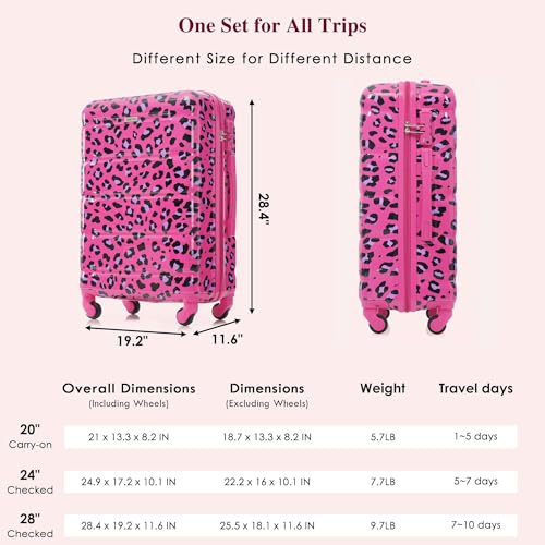 Image of Hardside Luggage Sets, Lightweight Stripes Suitcase with Spinner Wheels, Fuchsia Leopard Print