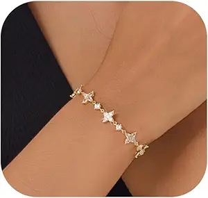Dainty Gold Silver Bracelet for Women Trendy Non Tarnish 14K Gold Plated Cubic Zirconia Bracelet Simple Butterfly Flower Cubic Zirconia Bracelets Jewelry Gift for Women
