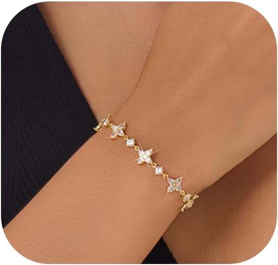 Dainty Gold Silver Bracelet for Women Trendy Non Tarnish 14K Gold Plated Cubic Zirconia Bracelet Simple Butterfly Flower Cubic Zirconia Bracelets Jewelry Gift for Women