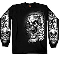 Durable, high quality, heavyweight 100% cotton biker tee. Long sleeve crew neck with prints on front, back and sleeves Assassin Design doesn't mess around. White and grey prints on black t-shirt Nothing says 'biker' like guns, skulls and flames. This...