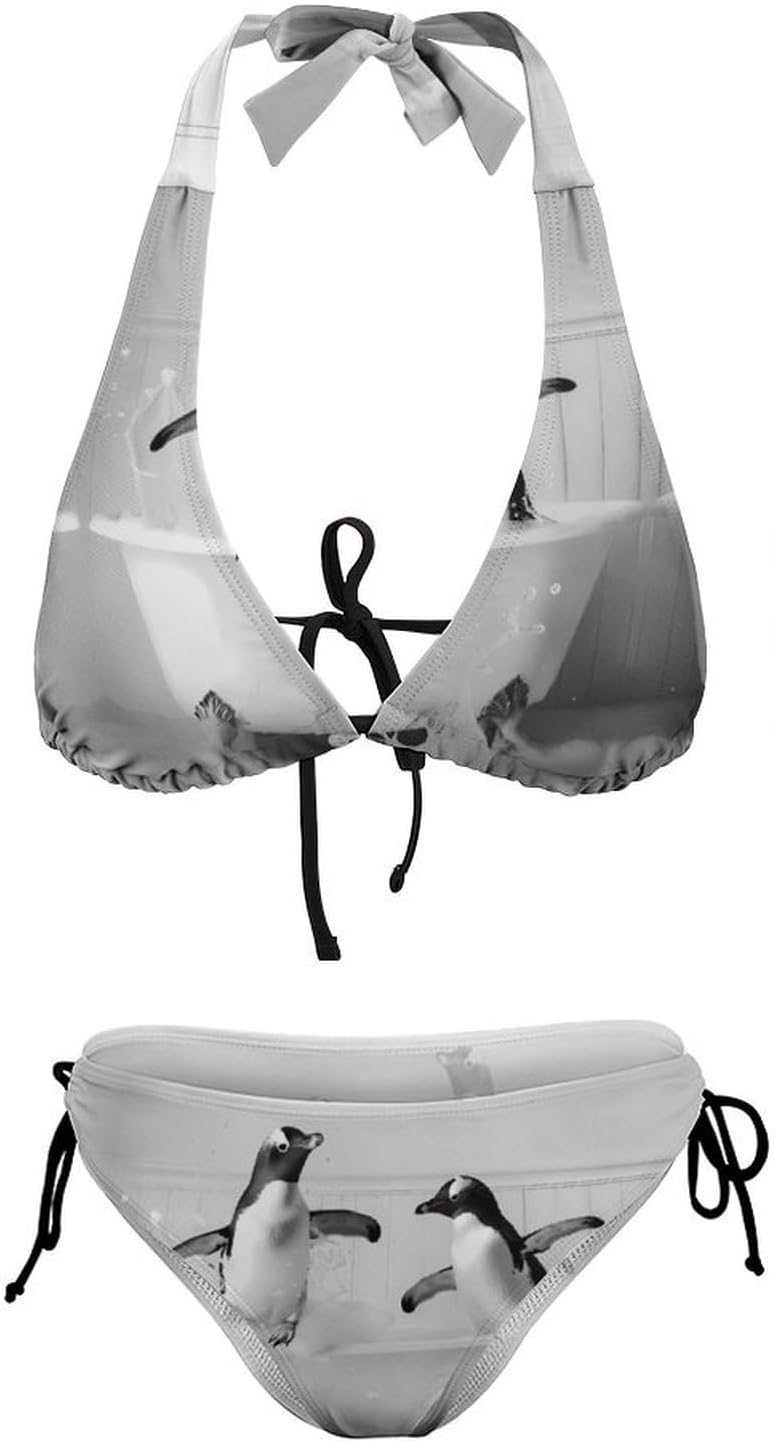 Two Penguins in Bathtub Novelty Women's 2 Piece String Bikini Set Swimsuits Bathing Suit Swimwear