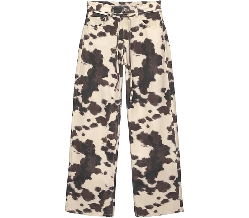 Cow Print Pants Women Men Loose Wide Leg Jeans Loose Fit High Waisted Straight Leg Vintage Baggy Denim Pants (Cow Print Medium)