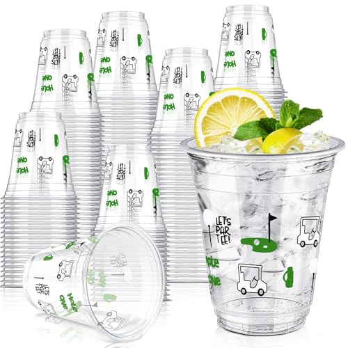 Qinyoung 50 Pcs Golf Party Supplies Bulk Clear Plastic Cups 12oz Disposable Lets Par-tee for Home Sports Golf Ball Themed Birthday Bachelor Party Supplies Favors (Black White Green)