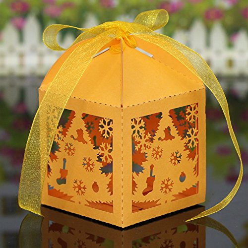 Krismile 50Pcs Merry Christmas Laser Cut Snowflake Favor Box,Wedding Candy Box In Pearlescent Paper,Party Show Candy Box (Ivory) #TOP3