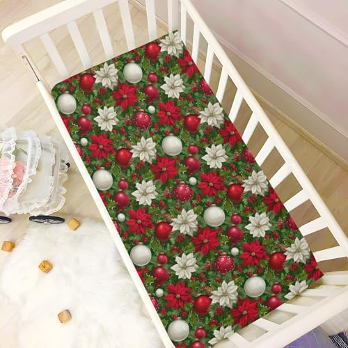 Image of Baby Crib Sheet Christmas Fir Tree Poinsettia Crib Mattress for Boys and Girls Playard Sheet Soft Breathable Fitted Baby Mattress Cover 52x28in