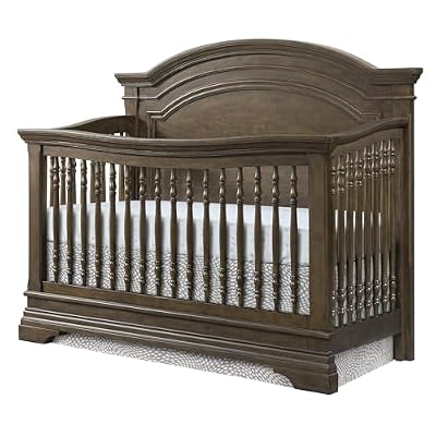 Pemberly Row Traditional Wood Arch Convertible Crib, 53" H x 60" W x 31.25" D, Solid Hardwood, Rosewood Brown Finish, Steel Spring Support, Adjustable Height, Classic Nursery Furniture