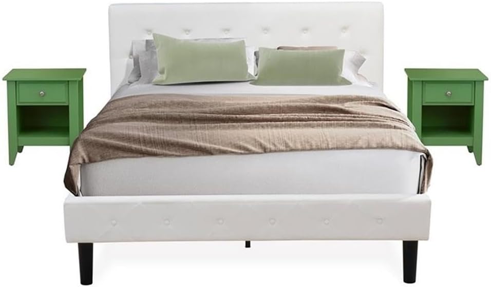 East West Furniture NL19Q-2GA12 3 Piece Queen Size Bedroom Set - Button Tufted Bed Frame - Linen white Velvet Fabric Upholstered Headboard and a Clover Green Finish Nightstand