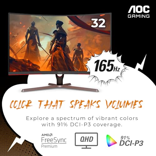 Image of AOC CQ32G3SE 32 inch Curved Gaming Monitor 2K QHD 2560x1440, 1000R, 165Hz 1ms, AMD FreeSync Premium, 3-Year Zero Dead Pixel Guarantee,Black