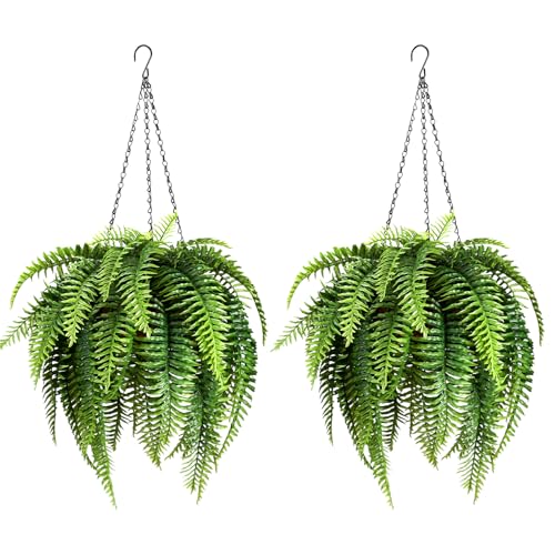 PABREY 2Pcs Fake Hanging Ferns Artificial Ferns Hanging Baskets Fake Hanging Plants UV Resistant Outdoor Faux Plants for Front Porch Patio Garden Dcor No Assembly Required