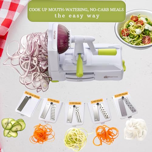 Brieftons 5-Blade Spiralizer (BR-5B-02): Strongest-and-Heaviest Duty Vegetable Spiral Slicer, Best Veggie Pasta Spaghetti Maker for Low Carb/Paleo/Gluten-Free, With Extra Blade Caddy & 3 Recipe Ebooks