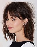 Pelucas mujer corta ondulada marrón oscuro brasileño pelo natural con flequillo, YEESHEDO afro short bob moreno hair ondulado sintética para mujeres y niñas para cosplay wig 14'