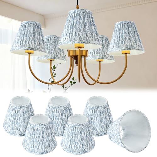 VIHOSE 6 Pcs Pleated Chandelier Lamp Shades 3 Top x 5.5 Bottom x 4.7 Slant Small Lampshades Clip on Bulb Classic Pleated Style Bulb Covers for Wall Sconces Pendant Lighting (Blue Tree)