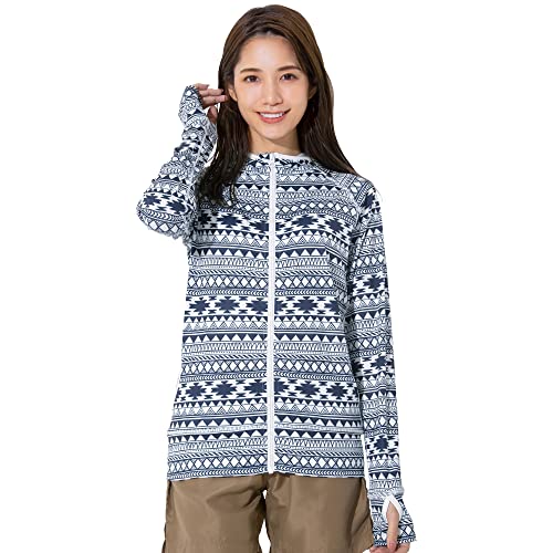 FELLOW フェロー 全38色柄 ラッシュガード パーカー レディース ラッシュパーカー 接触冷感 ラッシュ フードあり 長袖 UVカット UPF50 + ネイティブネイビー LLサイズ