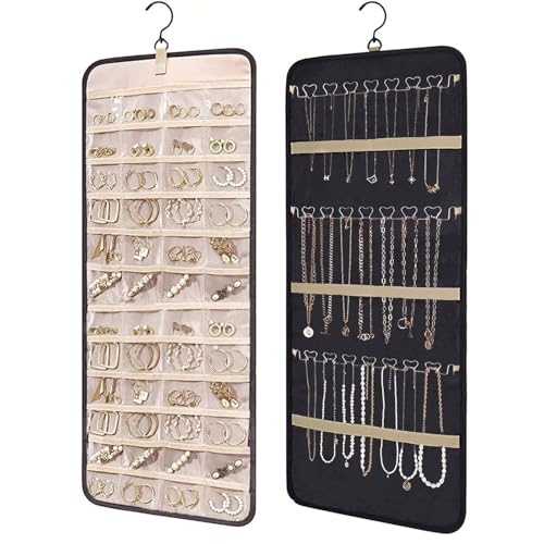 YHESUBZ Schmuck Organizer Hängend, Schmuckaufbewahrung Doppelseitige mit Metallhaken,Schmuck-Organizer zum Aufhängen,Doppelseitiger Schmuckhalter für Ohrringe, Ringe an Schrank,Tür, Wand (Schwarz)