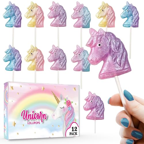Unicorn Candy Lollipops - 12 Whimisical Pretty Suckers Individually Wrapped - Great for Unicorn Party Favors - Goodie Bags for Kids Birthday - Candy Bar