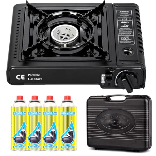 Image of Greenfields Portable Camping Stove Gas Cooker with Piezo Ignition, Compact Butane Burner with Carry Case, Adjustable Flame Outdoor Cooking Stove Camping Picnic Travel (Camping Stove + 4 Butane Gas)