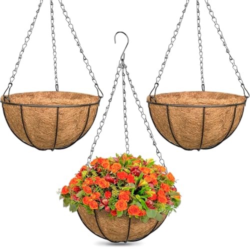 ZeeDix 3 Pack 12 Inch Outdoor Hanging Baskets, Metal Wire Hanging Planters with Coconut Liners, Round Hanging Baskets for Plants Flowers Ferns Home Garden Porch Balcony Railings Decor